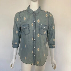 Sonoma Women Size S 3/4 Sleeve Denim Blue Jean Bohemian Button Shirt
